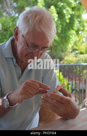 Älterer Mann mit grauen Haaren und Brille mit einem Mobiltelefon, ehrliche Portrait Stockfoto