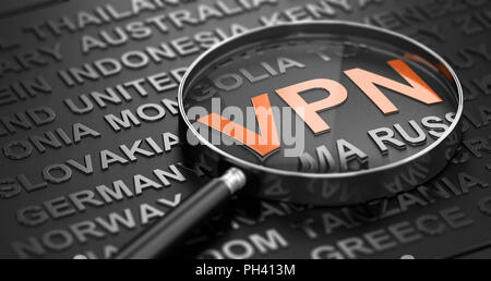 Wort Wolke über schwarzen Hintergrund mit Fokus auf die accronym vpn in orange Buchstaben Witten und eine Lupe. Virtual Private Network Konzept. 3D Stockfoto