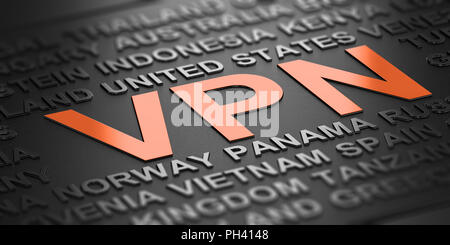 Wort Wolke über schwarzen Hintergrund mit der accronym VPN in orange Buchstaben Witten. Virtual Private Network Konzept. 3D-Darstellung Stockfoto