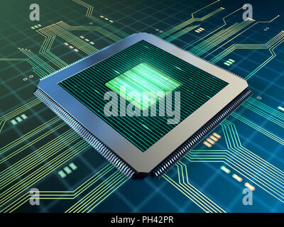 Leistungsstarke cpu auf einem gedruckten Schaltungen. 3D-Darstellung. Stockfoto