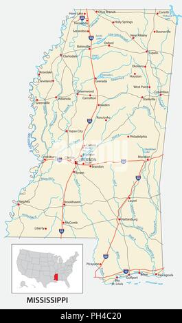 Straßenkarte des US-amerikanischen Bundesstaates Mississippi. Stock Vektor