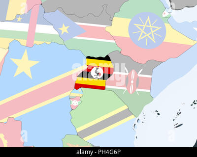 Uganda auf hellen politischen Welt mit eingebetteten Flagge. 3D-Darstellung. Stockfoto