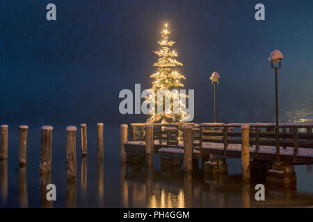 Die leuchtenden Weihnachtsbaum am Seelaende am See Königssee. Berchtesgadener Land, Bayern, Deutschland Stockfoto