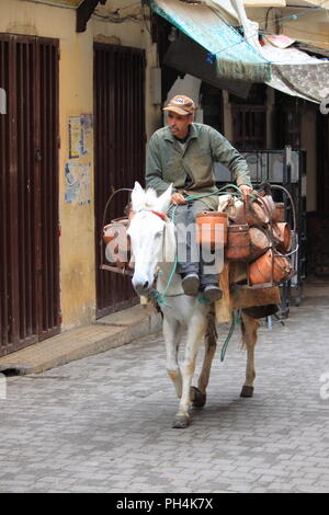 Fez, Marokko - Mai 16, 2013: der Mann, der den Transport von schweren Lasten auf einem Esel durch die Straßen von Fez in Marokko Stockfoto