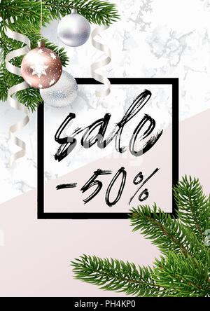 Weihnachten Verkauf Banner. Marmor, Kugeln und Rosa Stock Vektor