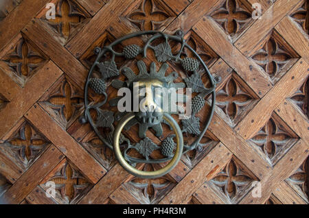 Gate im Schloss des Deutschen Ordens in Marienburg, Polen. Holz- alte Tür mit geometrischen Ornament und metallischen Lion mit Ring. Stockfoto