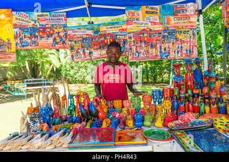 Ein Simbabwischer curio Verkäufer in Harare gesehen Stockfoto