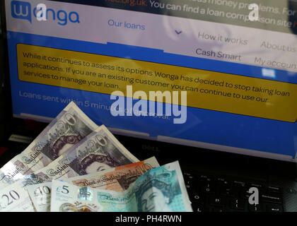 Die Startseite von wonga Website der Firma mit einer Meldung, die besagt, dass Sie aufgehört haben, die neue Darlehen Anwendungen, wie die kämpfen Zahltag Kreditgeber schaukelt am Rande des Zusammenbruchs. Stockfoto
