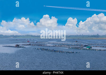 Abstrakte Soft Focus der Bauer Praxis der Fische Unterwasser Fisch Käfighaltung, floating Warenkorb für lebende Fische im Fluss, den Sumpf, Dam, in Stockfoto