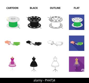 Fabric, Schere zum Schneiden von Stoffen, von Hand nähen, Dummy für die Kleidung. Nähen und Geräte Sammlung Icons im Cartoon, schwarz, Outline, flacher Stil ve Stock Vektor