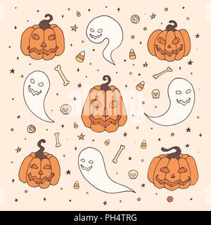 Vektor Halloween set mit orange Kürbisse, Geister mit unheimlichen Gesichter, Knochen, Schädeln und Candy corn in Skizze Stil. Hand Herbstferien Sammlung erstellt Stock Vektor