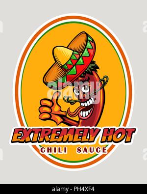 Mexikanischer Chili Sauce Emblem. Red chili Pfeffer in der sombrero Label Design. Vector Illustration. Stock Vektor