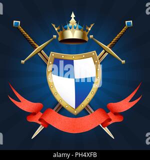 Heraldische Ritter Wappen mit Krone. Schwerter und Farbband. Vector Illustration. Stock Vektor