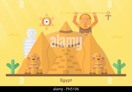 Ägypten Sehenswürdigkeiten für Reisen mit Großen Sphinx von Gizeh, die Große Pyramide von Gizeh, Berg, Kaktus, Mami und Pharao Mädchen. Vector Illustration mit c Stock Vektor