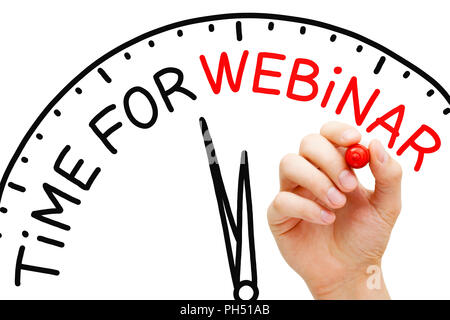 Hand schreiben Zeit für Webinar Uhr Konzept mit roter Markierung auf transparente abwischen Board auf Weiß isoliert. Stockfoto