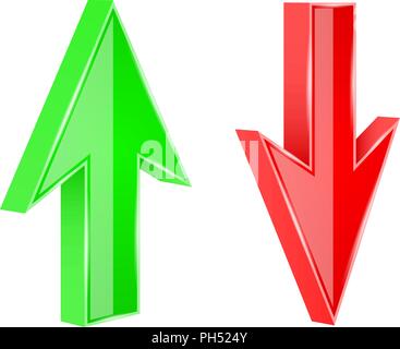 Rote und grüne Pfeile. 3D-Schilder NACH OBEN UND UNTEN Stock Vektor