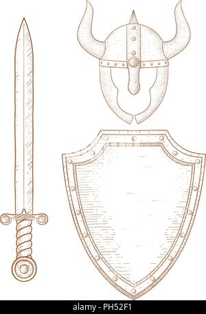 Krieger - Schwert, Schild, gehörnten Helm. Hand Skizze gezeichnet Stock Vektor