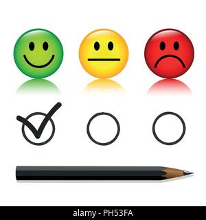 Emoticon smiley Bewertung mit Stift glücklich auf weißem Hintergrund Vektor-illustration isolierte Gruppe Stock Vektor