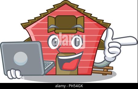 Mit laptop Charakter Red Barn Gebäude mit heuschober Vector Illustration Stock Vektor