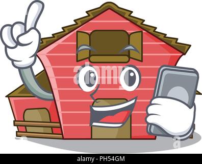 Mit phone Charakter Red Barn Gebäude mit heuschober Vector Illustration Stock Vektor