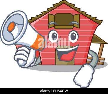 Mit megafon Charakter Red Barn Gebäude mit heuschober Vector Illustration Stock Vektor