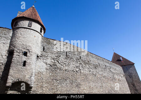 Mittelalterliche Festung mit Türmen in der Altstadt. Tallinn, Estland. Die Türme haben einen roten Ziegeldach Stockfoto