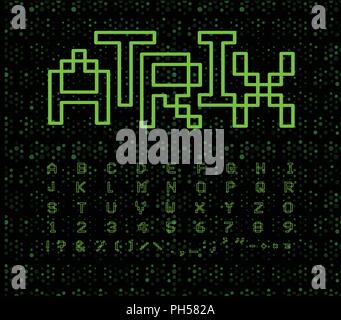Matrix font, geometrischen Linien. Grüne digitale Buchstaben auf schwarzem Hintergrund im Cyberspace. Elektronische Retro Game Alphabets. Stock Vektor