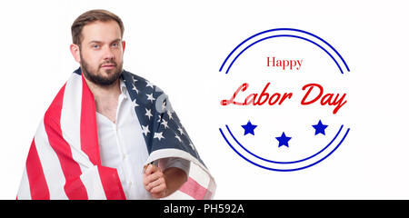 Happy Tag der Arbeit. USA-Flagge. Lächelnd patriotischen Mann hält United Flaggenstaaten. Stockfoto
