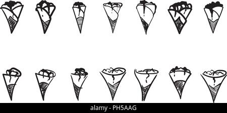 Gruppe von Sketchy französische Crepes Line Art Illustrationen Stock Vektor