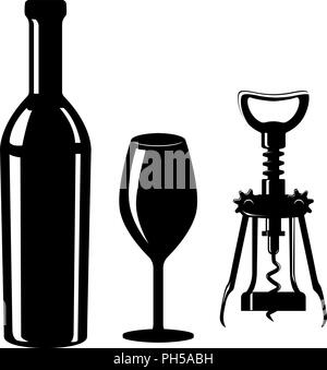 Glas und Flasche Wein mit Korkenzieher. Schwarze Silhouette Stock Vektor