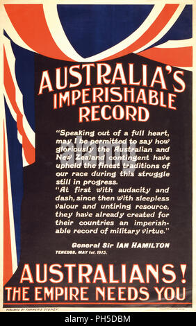 Australiens Unvergänglich. Plakat erstellt 1915 oder 1916 während des Ersten Weltkriegs als Propaganda zu fördern Australier die Streitkräfte zu verbinden. Das Plakat Zitate aus der Rede von General Sir Ian Hamilton, der Kommandant der Mediterranen Expeditionary Force während der Schlacht von Gallipoli, in der Australischen und Neuseeländischen Truppen ein fester Bestandteil waren. Stockfoto