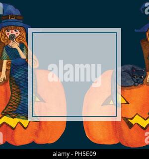 Hexe und Katze sitzt auf Kürbis Aquarell Banner Karte. Vector Illustration. Stock Vektor