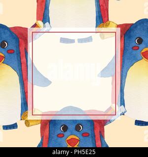 Niedlichen blauen Pinguin mit Rucksack Banner Karte Aquarell. Vector Illustration. auf weißem Hintergrund. Stock Vektor