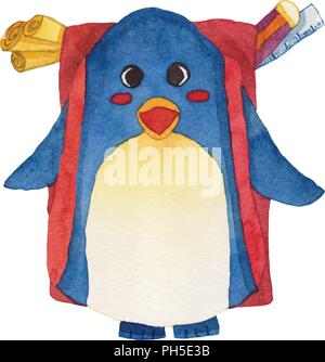 Niedlichen blauen Pinguin mit Rucksack Aquarell. Vector Illustration. auf weißem Hintergrund. Stock Vektor