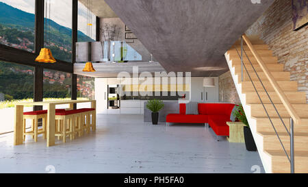 Wohnzimmer und Küche mit großen Fenstern auf zwei Etagen. Luxus Apartment mit Blick auf die Wohn- und Esszimmer. Moderner Stil. 3D-Rendering Stockfoto