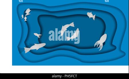 Unterwasser Wasserhöhle mit Fischen und Kraken. Papier schneiden Stil Vektor. Tauchen Konzept. Ozean wildlife Stock Vektor