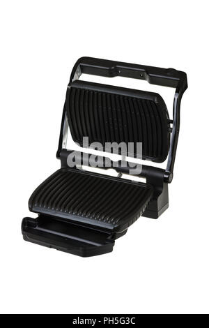 Schwarzer elektrischer Grill auf weißem Hintergrund. Stockfoto