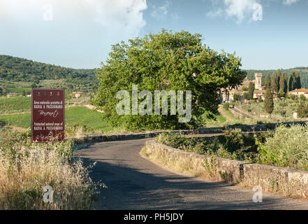 Die Zufahrtsstraße zum historischen Abtei von San Michele Arcangelo Passignano, im gleichnamigen Naturschutzgebiet entfernt Stockfoto