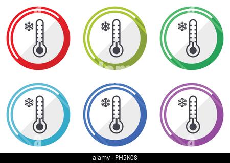 Kalte thermometer Flachbild vektor Web Icon Set, bunte runde internet Buttons in eps 10 auf weißem Hintergrund Stock Vektor