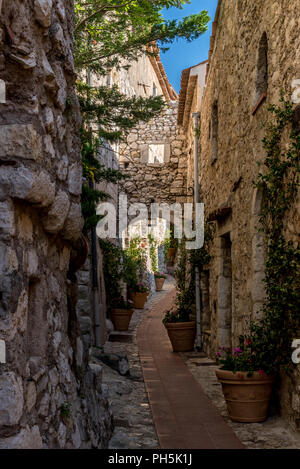 Schmale Gassen und alte steinerne Gebäude im Dorf Eze an der Cote d'Azur im Süden Frankreichs Stockfoto