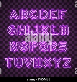 Glänzend und Leuchtend Lila Neon Buchstaben und Ziffern. Stock Vektor