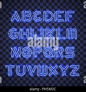 Sonnenschein und blauer Neon Buchstaben und Ziffern. Stock Vektor