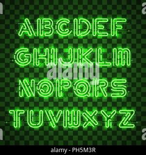Leuchtende und strahlende Grün Neon Buchstaben und Ziffern. Stock Vektor