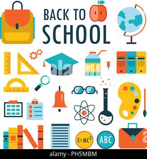 Zurück zu Schule flache Design Icons auf weißen Teil 1 isoliert Stock Vektor