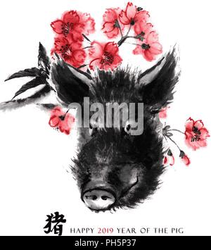 Schwein Sumi-e vector Grußkarte orientalische neues Jahr. Wildschwein Kopf und ein Zweig der Kirschblüte, Ost Tinte waschen Malerei. Mit Chinesischen Hieroglyphe 'Pig'. Stock Vektor