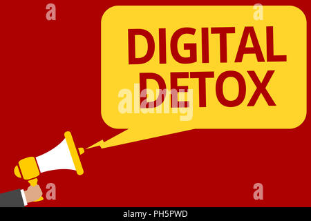 Handschrift Text schreiben Digital Detox. Begriff Sinne frei von elektronischen Geräten trennen, um wieder Unplugged Mann mit Megaphon Lautsprecher Stockfoto