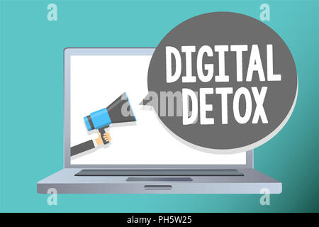 Handschrift Text schreiben Digital Detox. Begriff Sinne frei von elektronischen Geräten trennen, um wieder Unplugged Mann mit Megaphon Lautsprecher Stockfoto