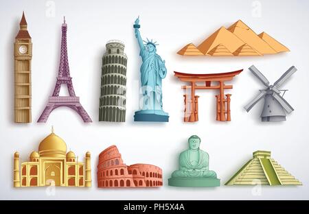Reisen Sehenswürdigkeiten vector Abbildung. Berühmte weltweit Reiseziele und Sehenswürdigkeiten der verschiedenen Sehenswürdigkeiten der Stadt für Touristen und Reisende in Weiß Stock Vektor