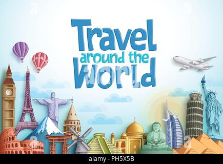 Reisen rund um die Welt vektor Hintergrund Design mit berühmten Sehenswürdigkeiten und touristische Destination Elemente in verschiedenen Orten für den Tourismus. Vektor Stock Vektor