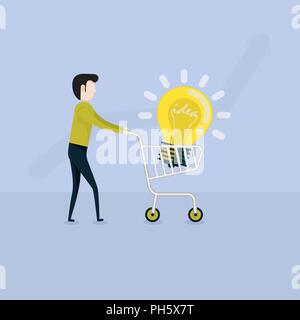 Junge Unternehmer und einen Supermarkt Warenkorb Symbol mit Glühbirne unterzeichnen. Menschen und Warenkorb mit Wirtschaft & Finanzen Business vektor Konzept Konzept. Stock Vektor